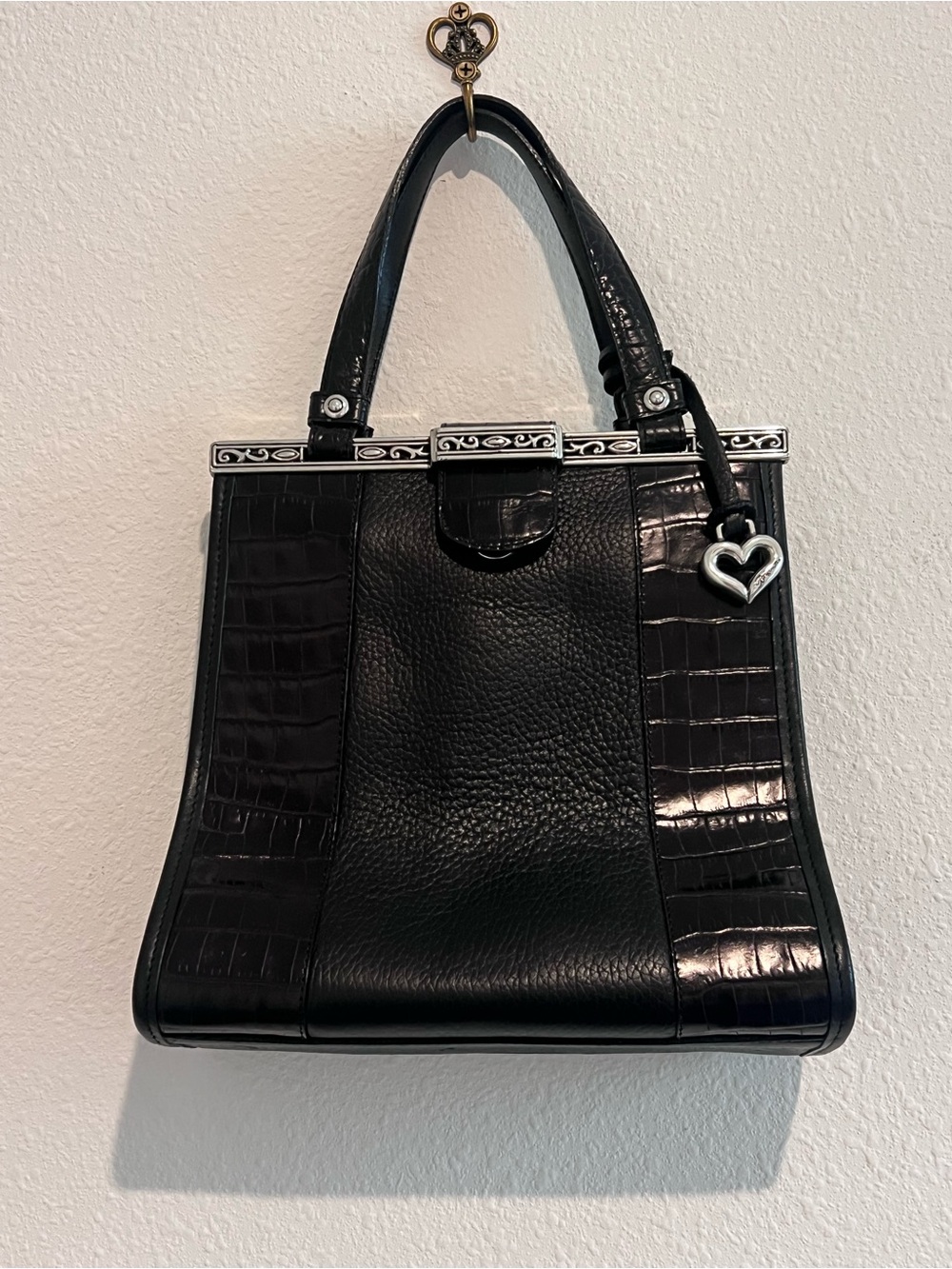 Brighton Black Leather Croc Embossed Handbag